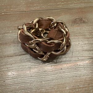 CC Sky Brown Leather and Gold Chain Wrap Bracelet
